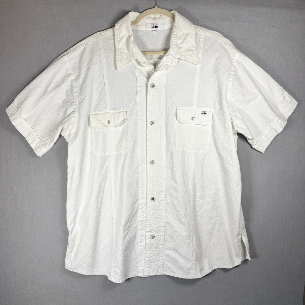 Full Moon Button Up Shirt Mens XXL White Textured Cotton Short Sleeve Pocket